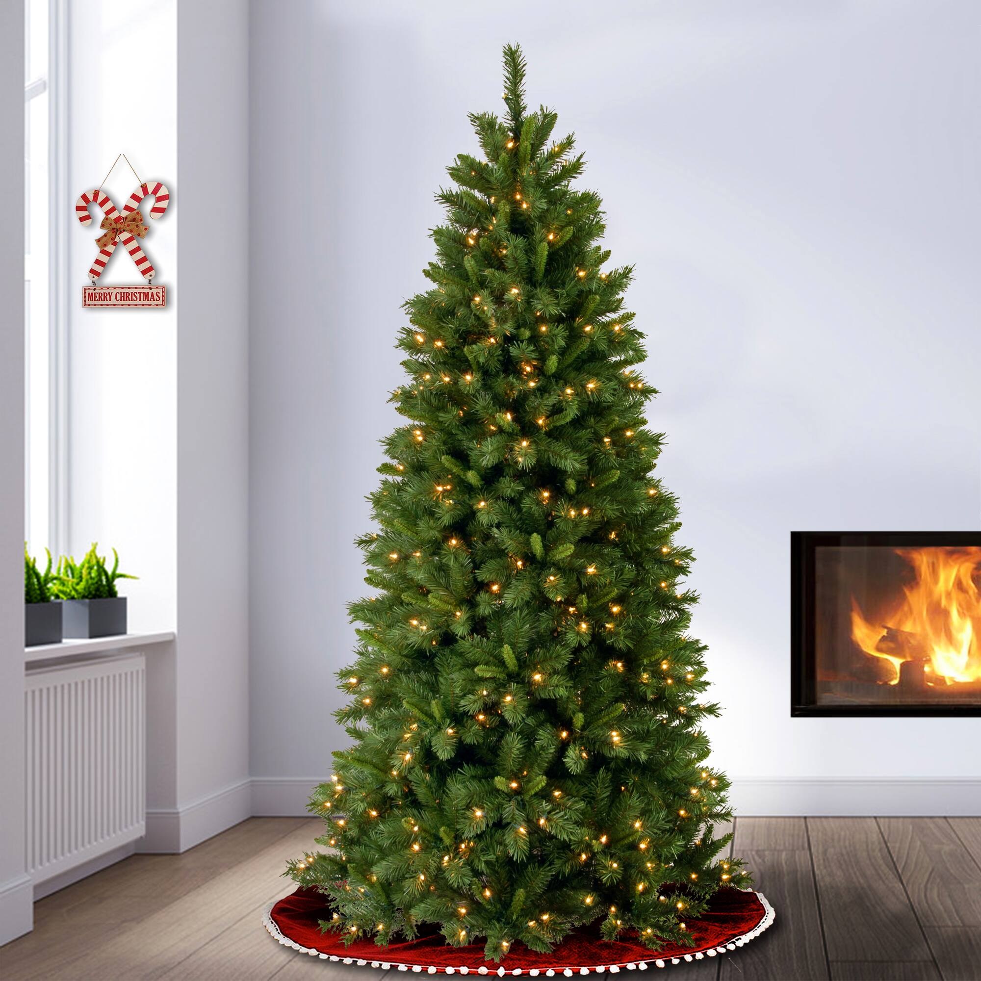 7.5 ft. Pre-lit Hinged Lehigh Valley Pine Slim Artificial Christmas Tree, Dual LED Lights